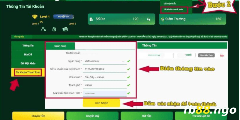 Phương thức rút tiền FB88 thông qua số tài khoản ngân hàng